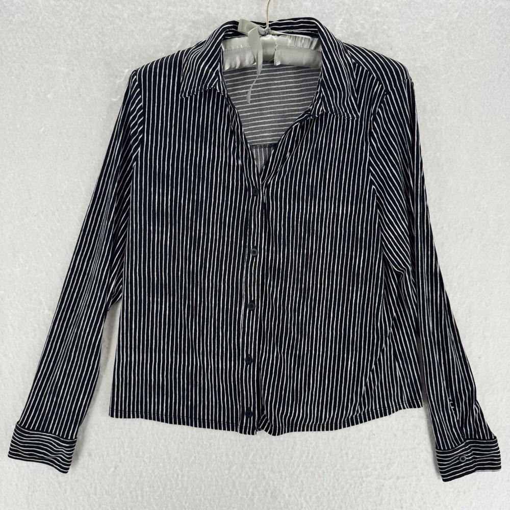 Adrianna Papell - Button Down Striped Blouse - Black White - L - Womens